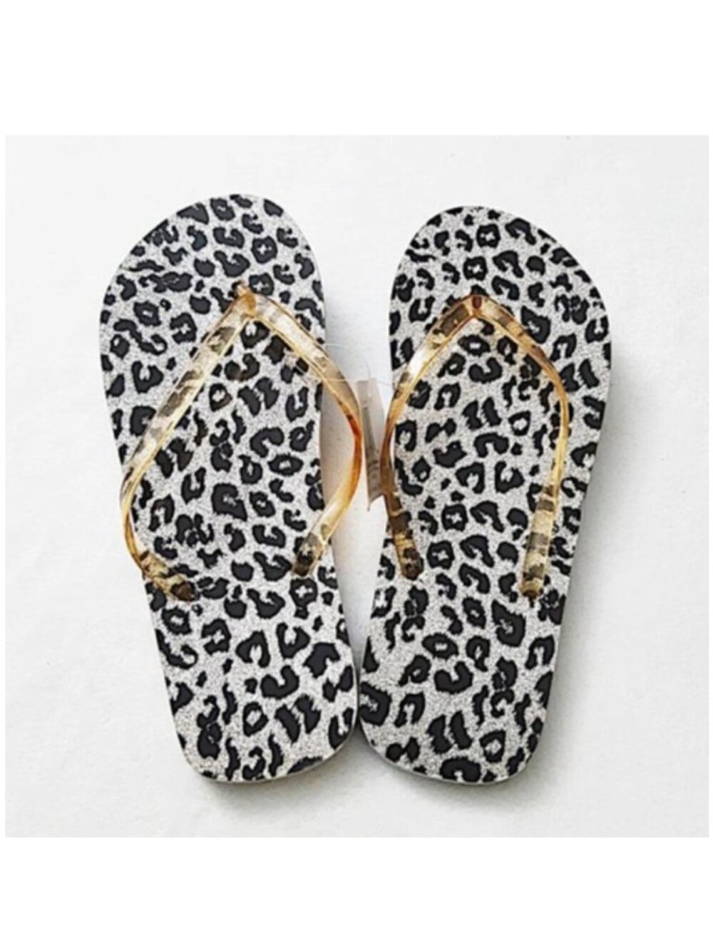 Flip Flops Grey Black Leopard Animal Silver Glittery Print Cognac Straps. NWT